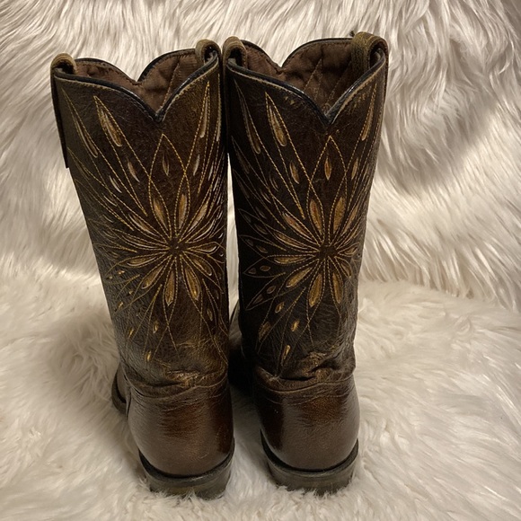 SOLD ❌Vintage ACME - Cowboy Boots Brown Leather w Gold Design Narrow Cowgirl - Picture 6 of 13